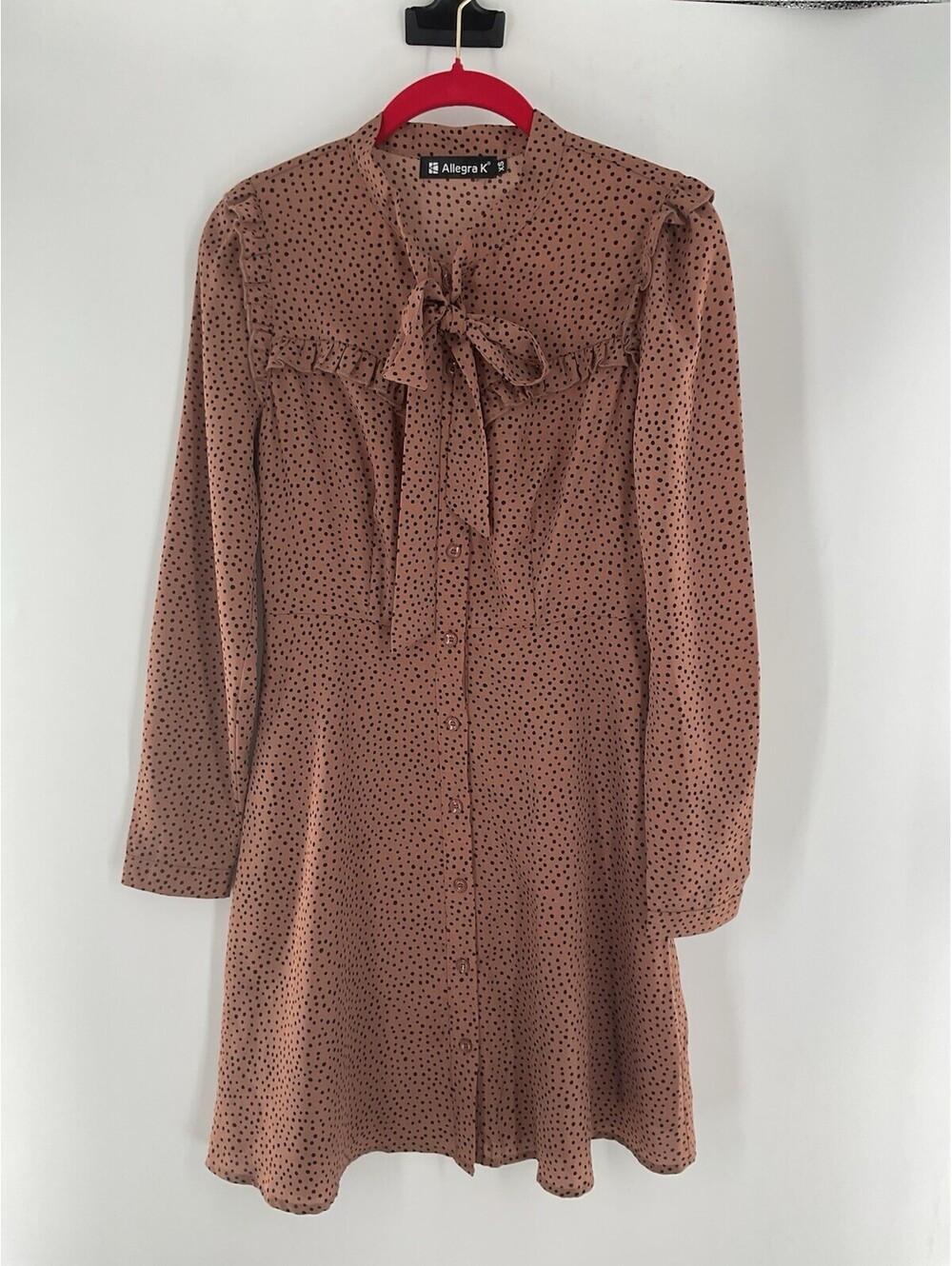 Allegra K Women’s Polkadot Brown And Black Dress XS Knee Length Long Sleeve 137